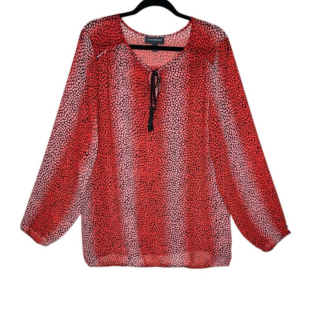 Lane Bryant Boho Tassel Blouse 22 24 Red Ombre Sheer Peasant Tie Neck Top